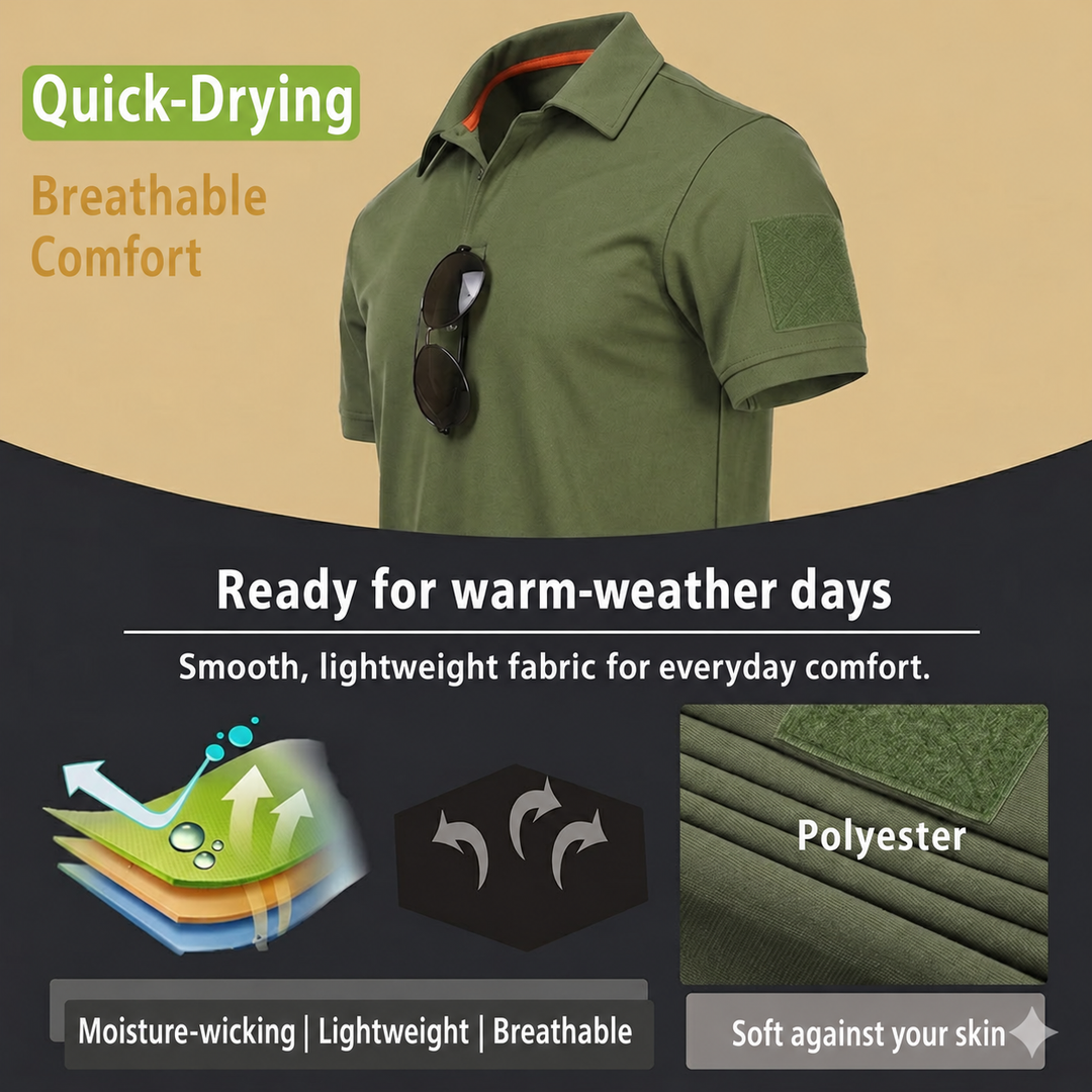 Quick-drying breathable polyester polo fabric.