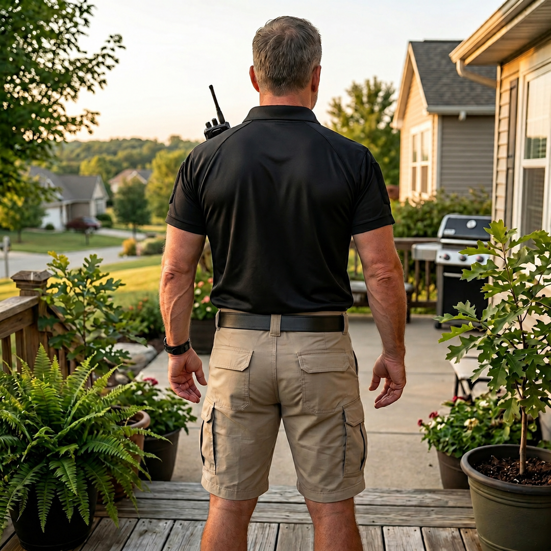 Black polo shirt rear view in a residential garden, without US flag.
