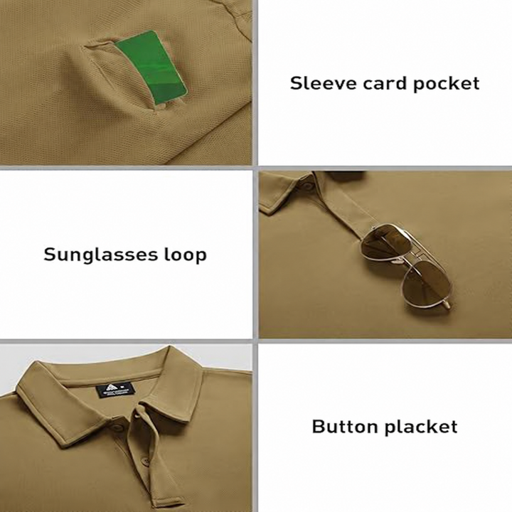 Polo sleeve pocket, sunglasses loop and button placket details.