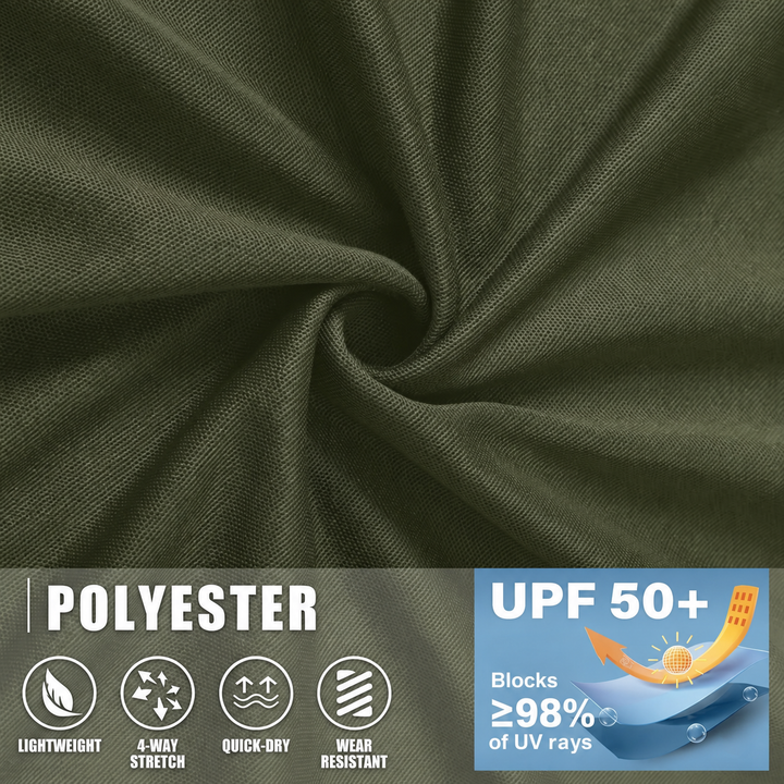 Polyester polo fabric with quick-drying and UPF 50+ details.