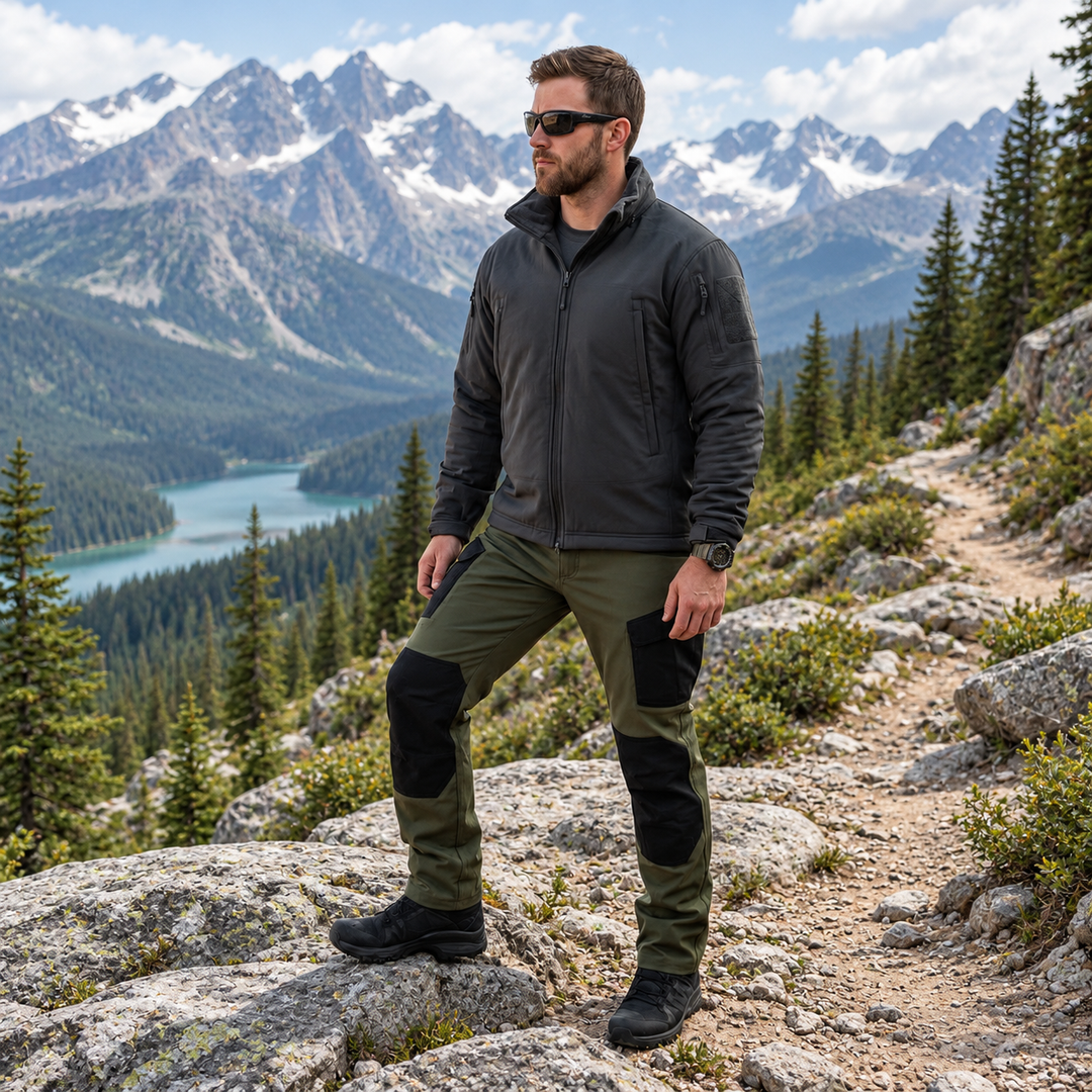 Reinforced outdoor pants shown on a rocky Canadian mountain trail
