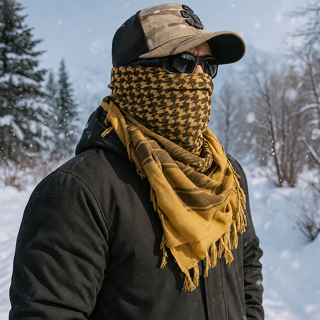 winter shemagh scarf worn outdoors with plain clothing
