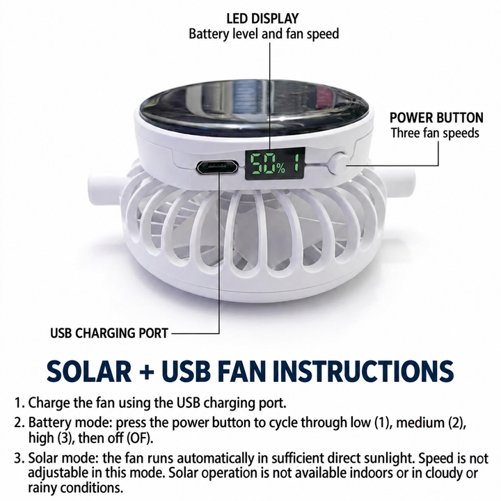 Solar and USB fan cap controls and operating instructions