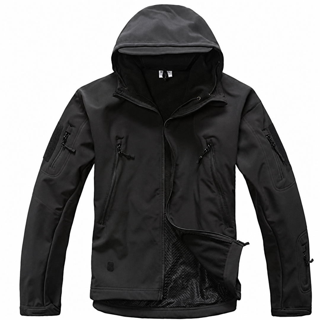 Tactical hooded jacket details without US flag promotion.