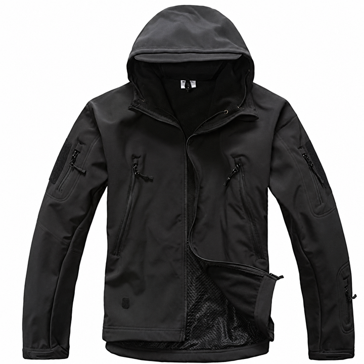 Tactical hooded jacket details without US flag promotion.