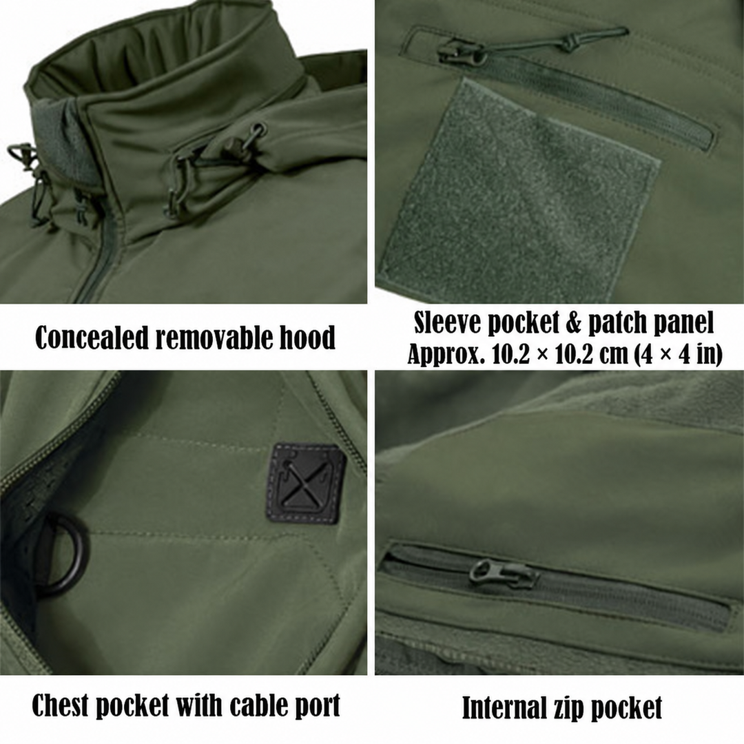 Softshell jacket concealed hood, sleeve patch panel and zippered pockets.