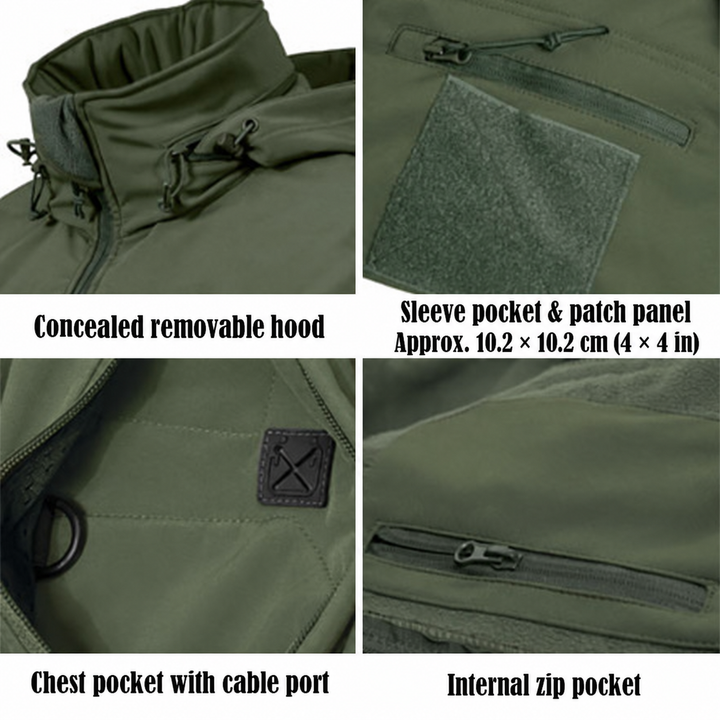 Softshell jacket concealed hood, sleeve patch panel and zippered pockets.