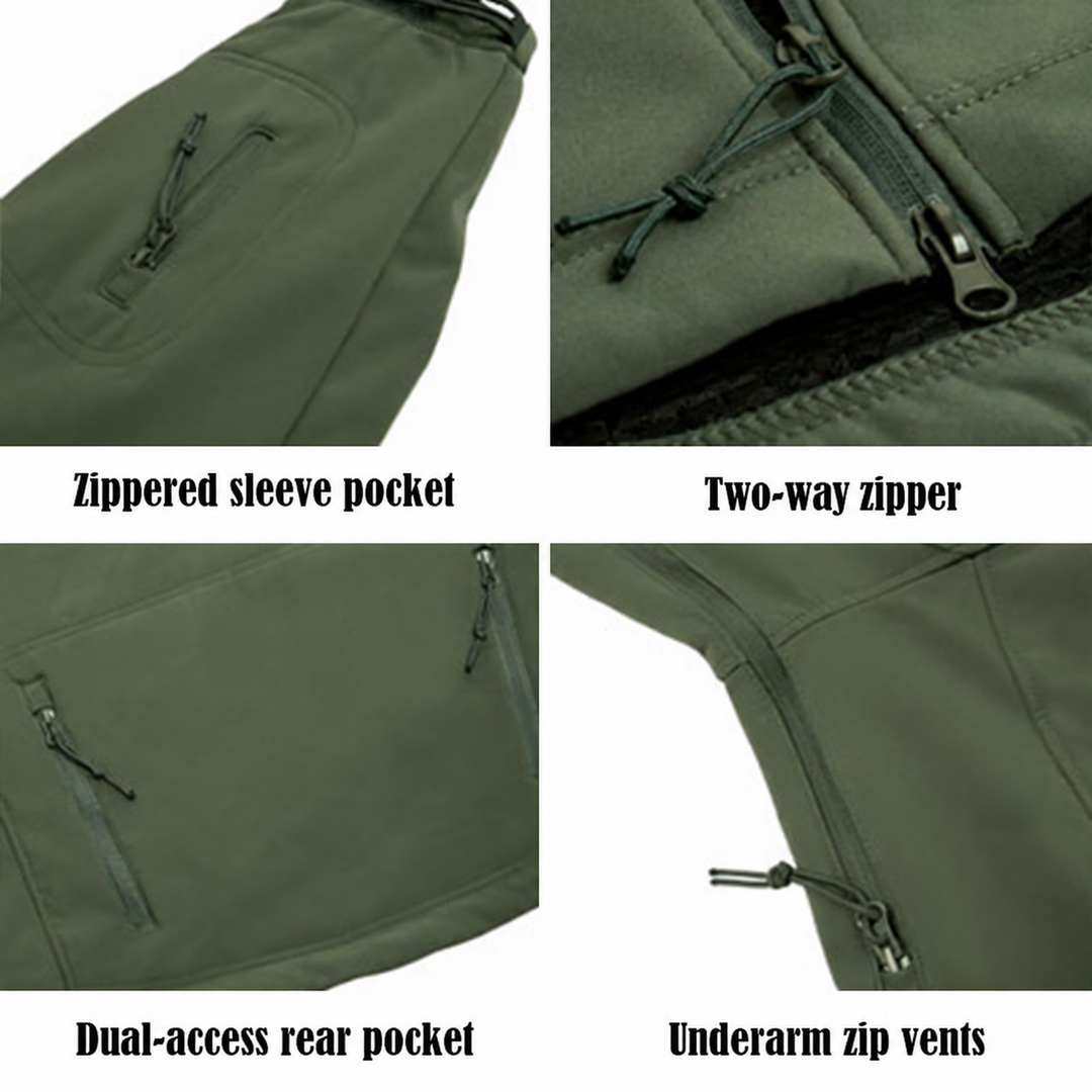 Softshell jacket sleeve pocket, two-way zipper, rear pocket and underarm vents.