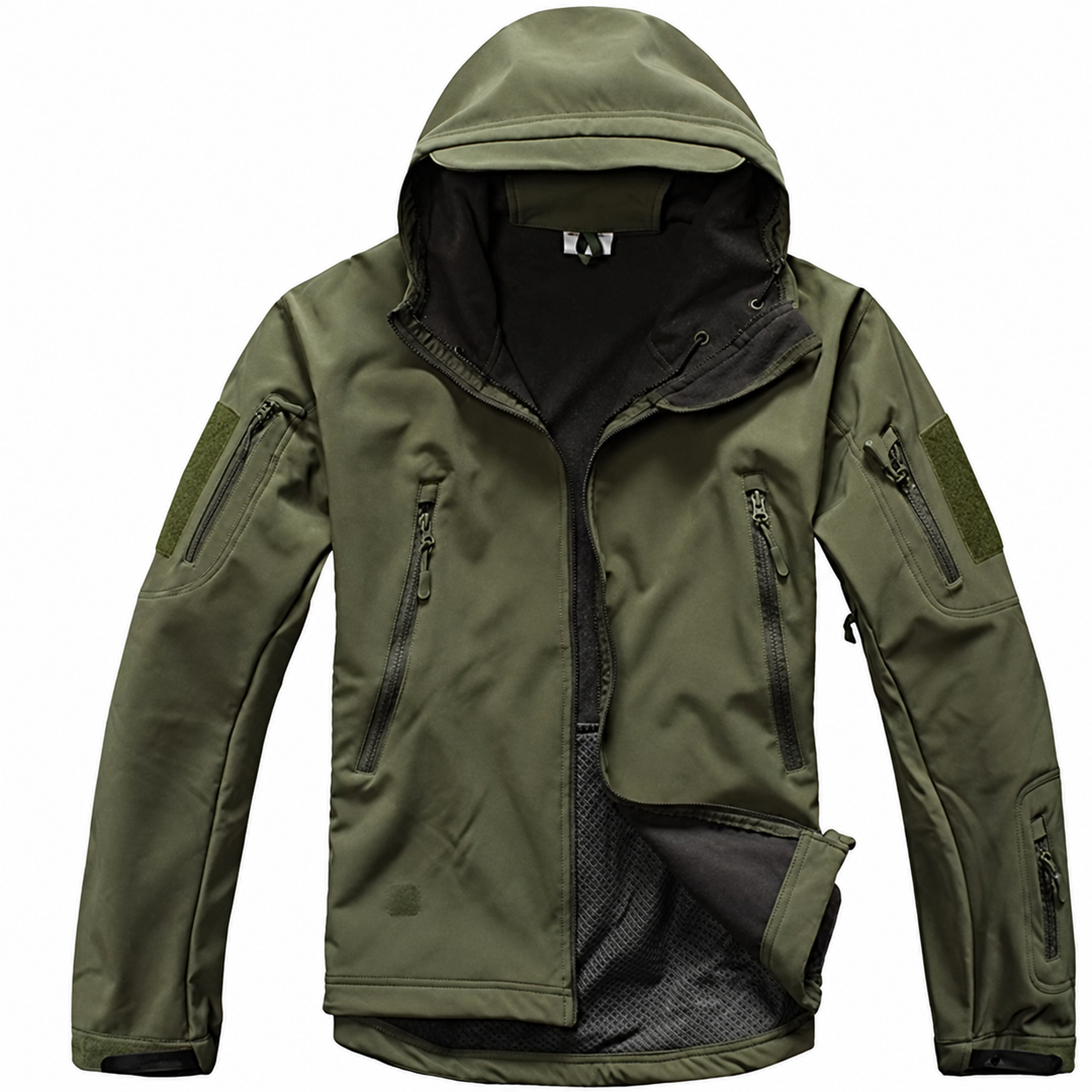 Tactical hooded jacket details without US flag promotion.