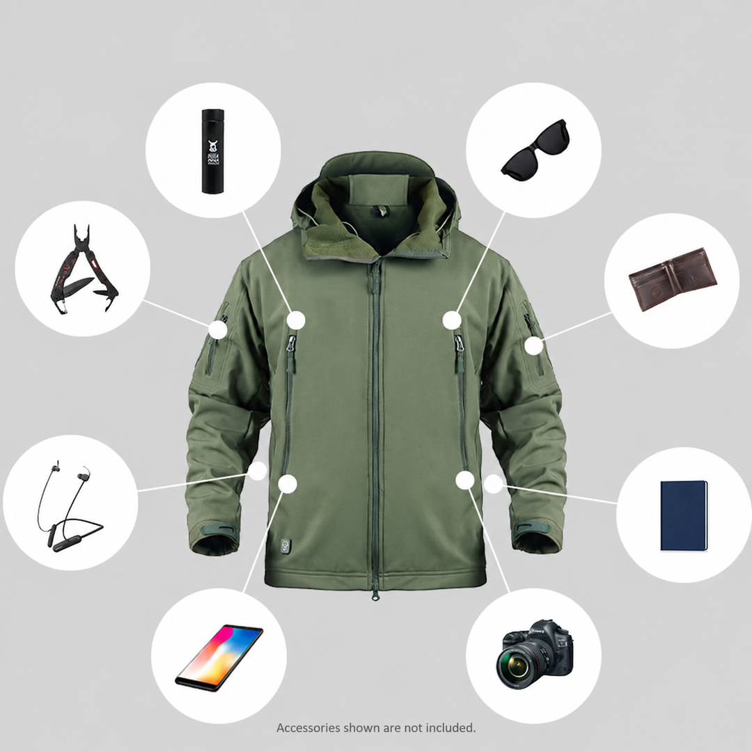Softshell jacket pocket storage illustration. Accessories shown are not included.