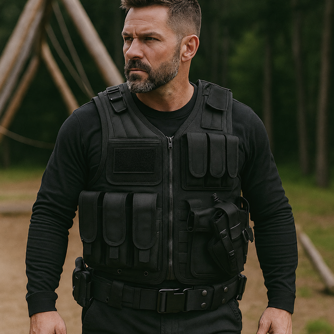 Tactical vest lifestyle view with plain chest patch panel.