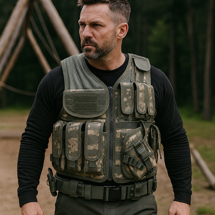 Tactical vest lifestyle view with plain chest patch panel.