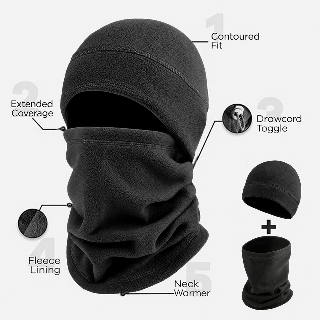 Fleece toque and neck warmer features and drawcord toggle