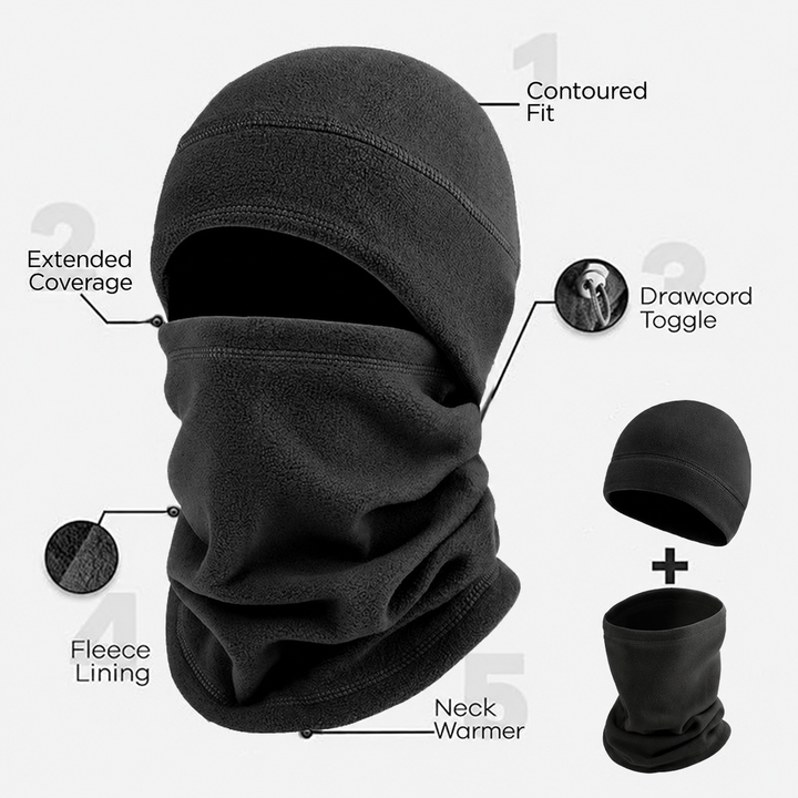 Fleece toque and neck warmer features and drawcord toggle