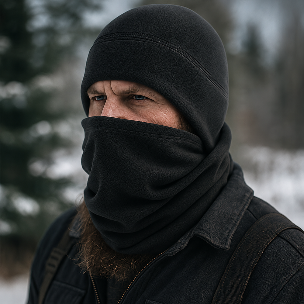 Black fleece toque and neck warmer worn outdoors
