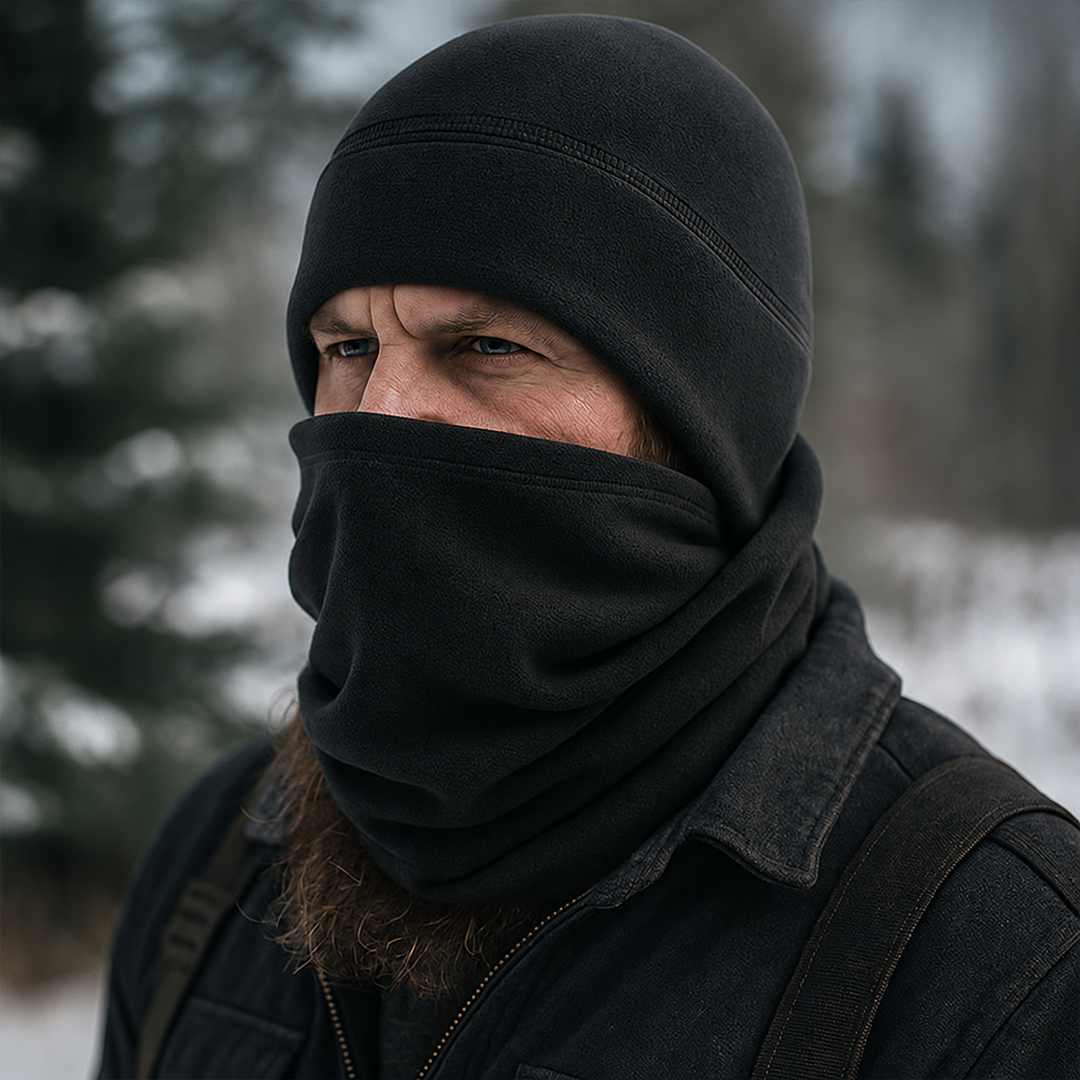 Black fleece toque and neck warmer worn outdoors