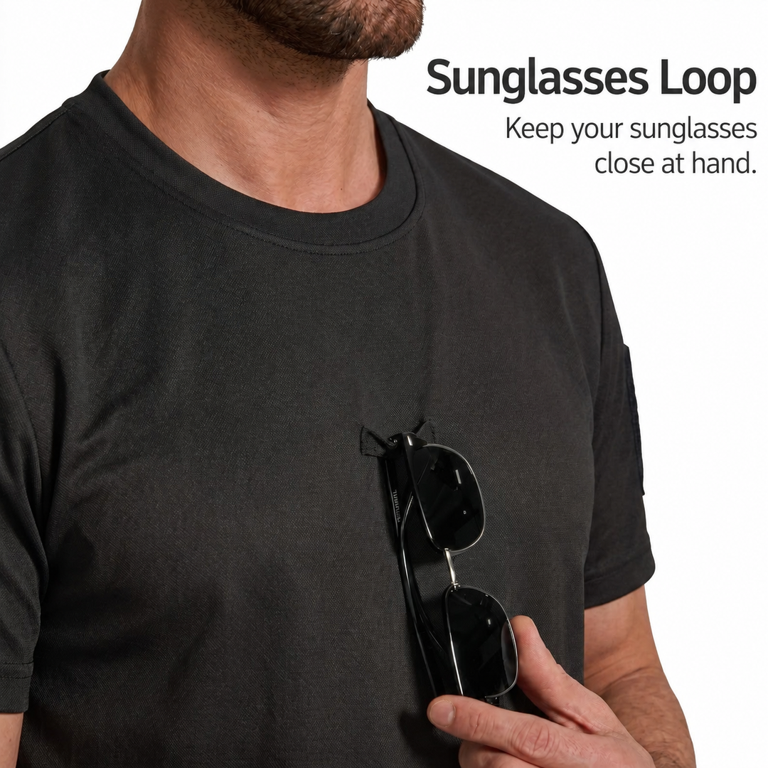 Tactical T-shirt sunglasses loop detail.