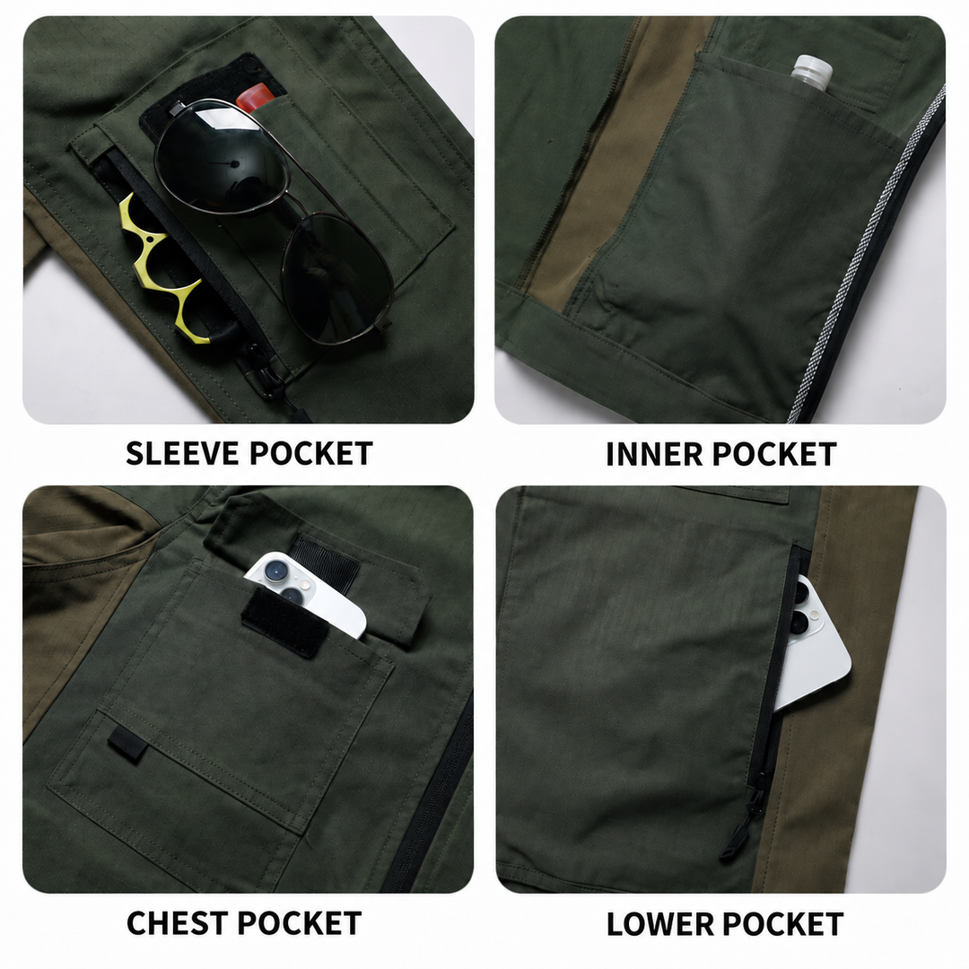 Work jacket sleeve, inner, chest and lower pockets