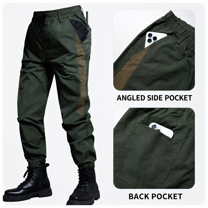 Work pants angled side pocket and back pocket